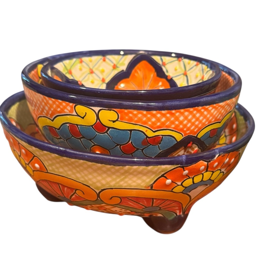 Talavera Mexican Pottery MultiColor Salsa Bowls with Legs Colorful Pottery SET 3
